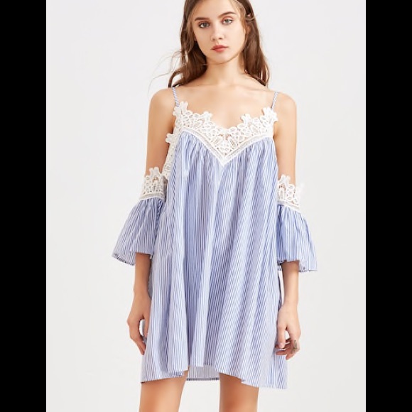 Lace trim Blue & white nautical stripe off shoulder dress boho summer dress - Picture 5 of 5